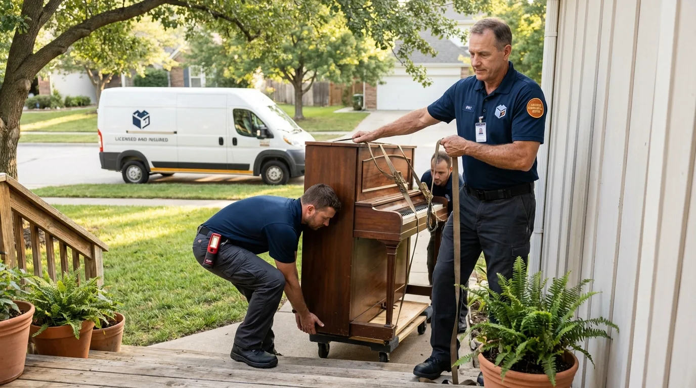 Licensed piano movers securing grand piano in Elmhurst, NY