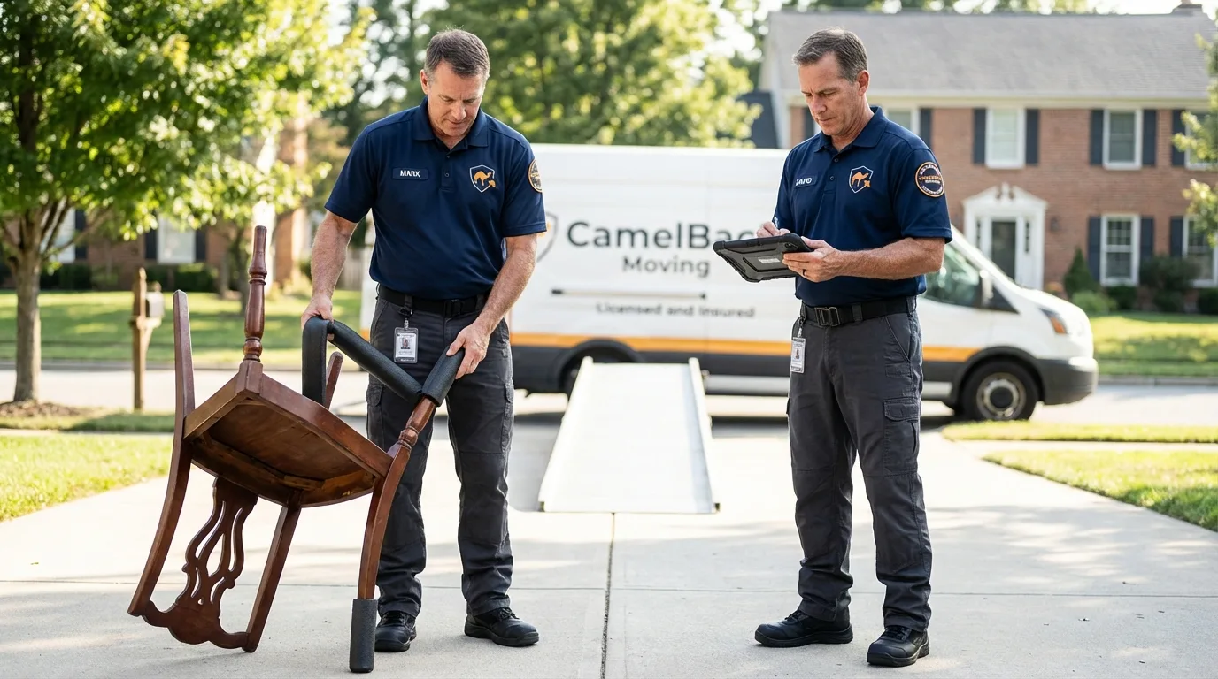 Movers inspecting furniture for damage prevention before loading in Elmhurst, NY