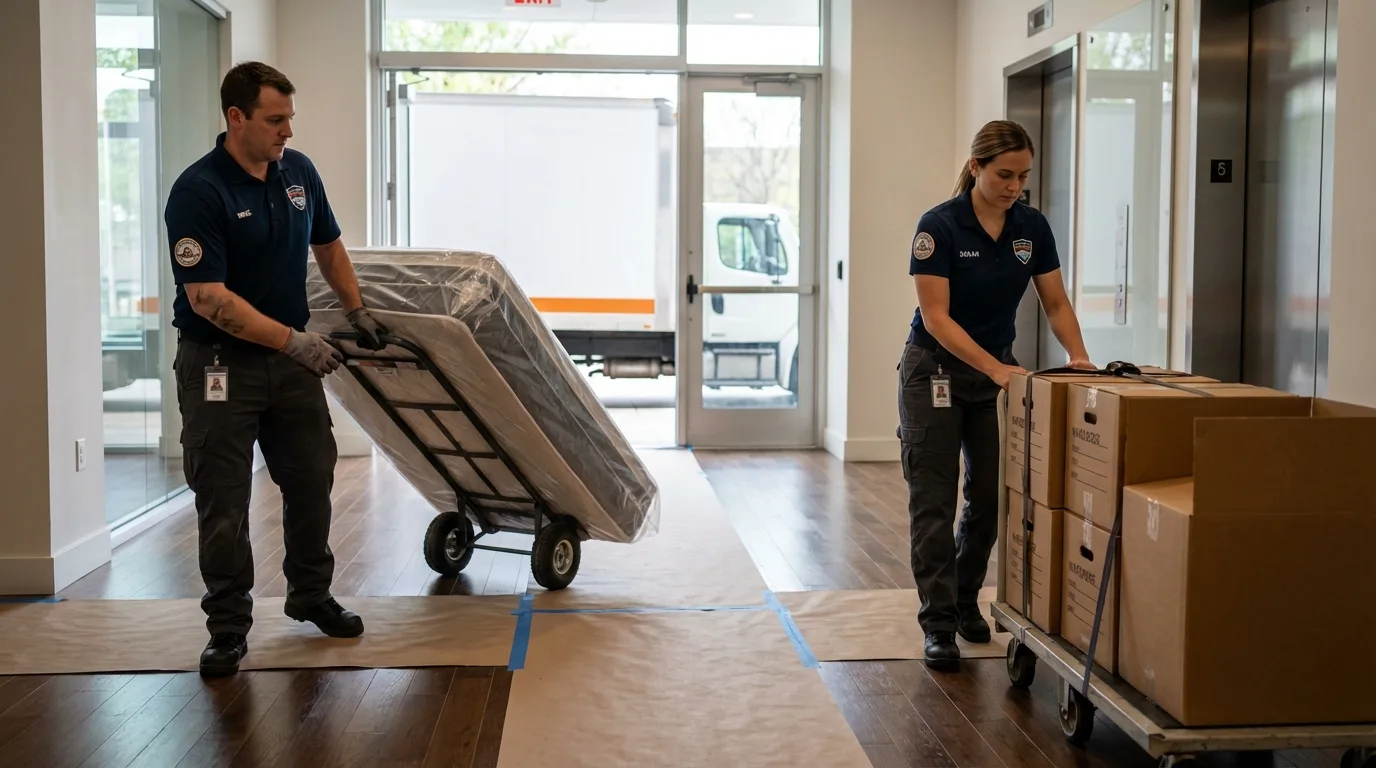 Professional apartment movers loading elevator in Elmhurst, NY