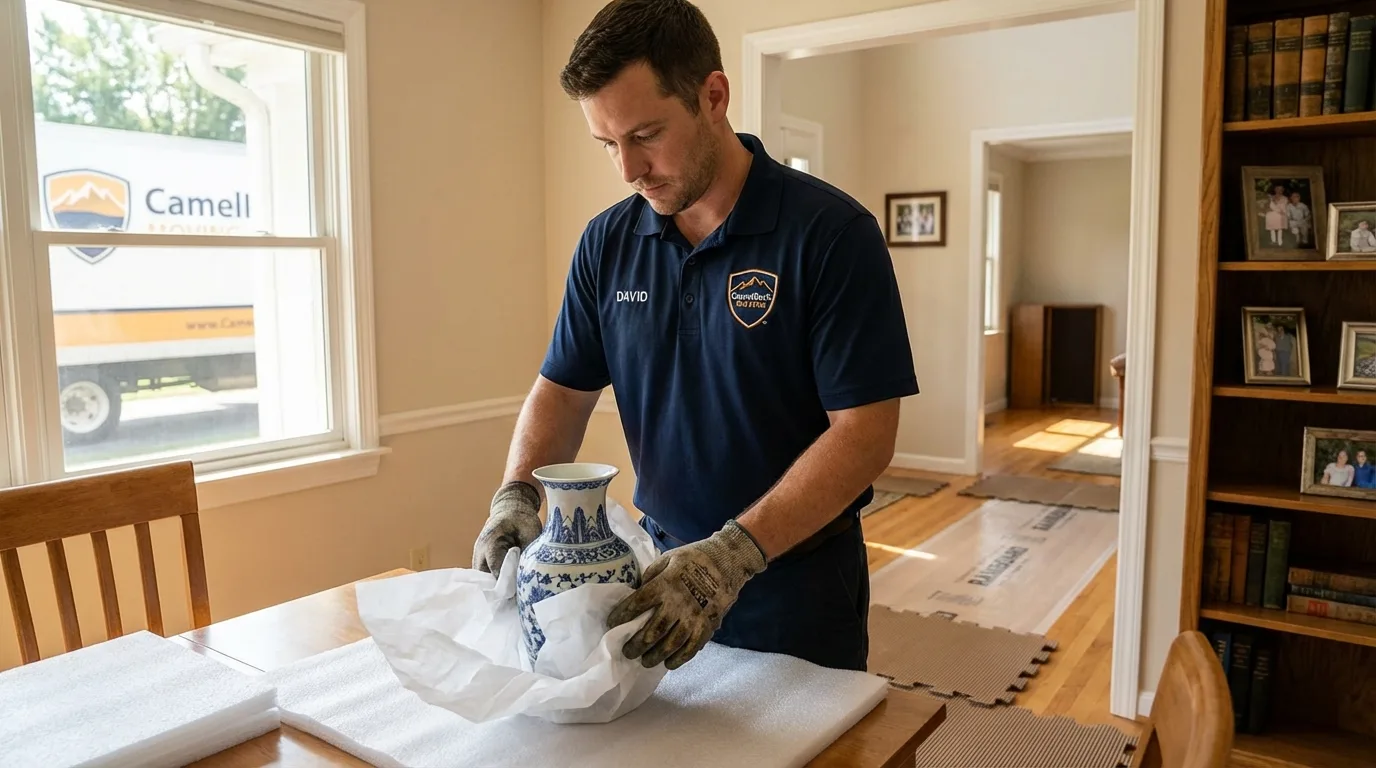 Professional crew carefully wrapping antique vase for senior downsizing move in Elmhurst, NY